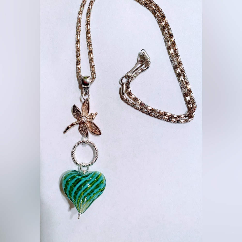 Green glass heart charm with dragonfly charm necklace